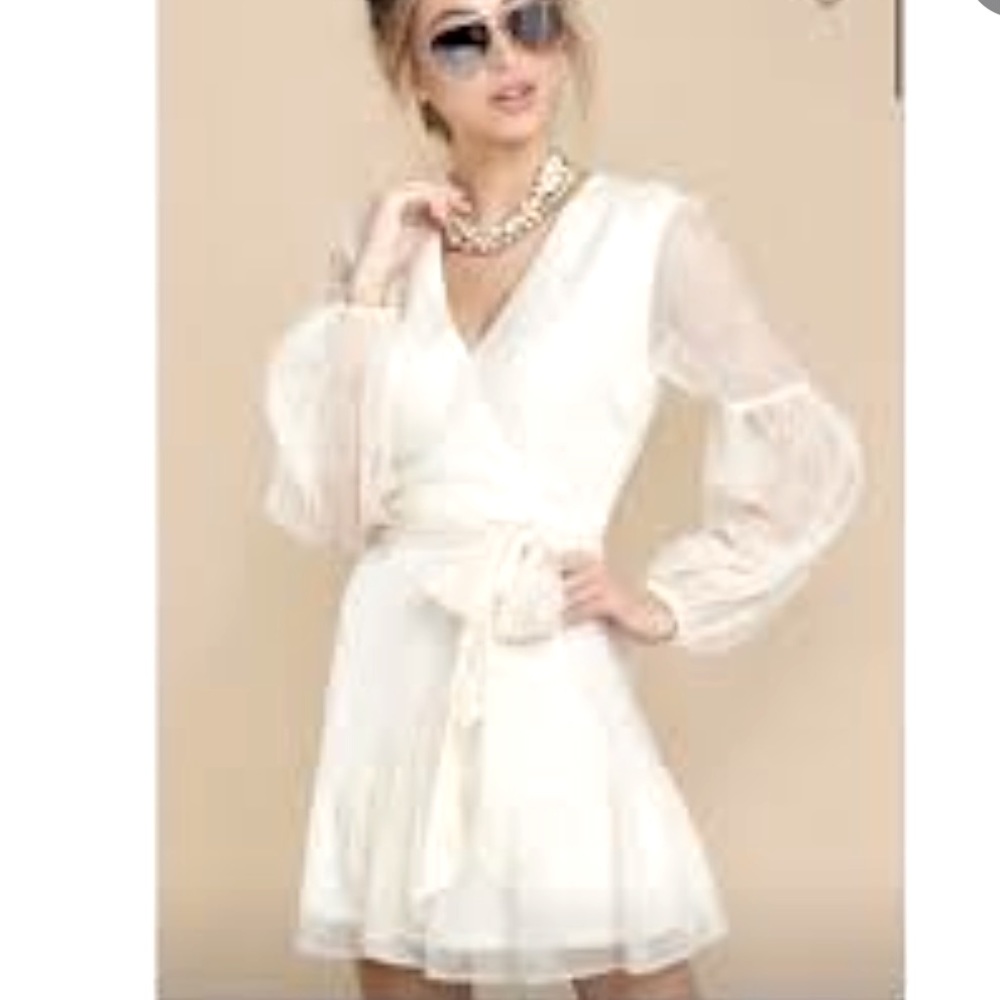 Anthropologie I Champagne and Strawberry Embossed Organza Faux Wrap Mini Dress